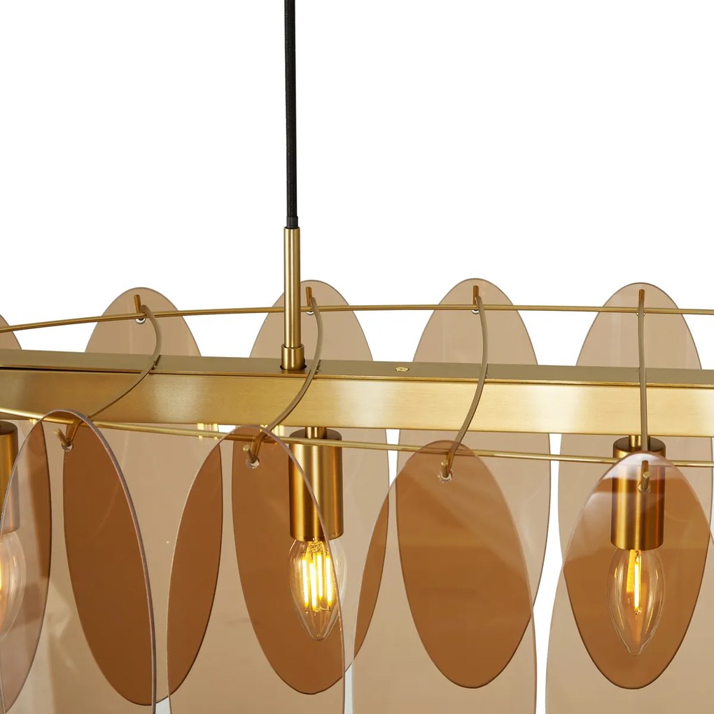 Eettafel / Eetkamer Art Deco hanglamp goud met amber glas ovaal 5-lichts - Mochan Art Deco E14 Binnenverlichting Lamp
