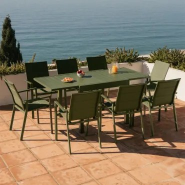 Uitbreidbare Tuintafelset 90-180x90 Cm In Aluminium Starmi En 8 Stapelbare Tuinstoelen In Aluminium Karena Groen – Intens Olijf - Sklum