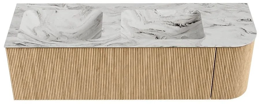 Mondiaz Kurve-dlux 145cm badmeubel ronding rechts oak met 1 lade en deur en wastafel leaf dubbel/links zonder kraangat glace