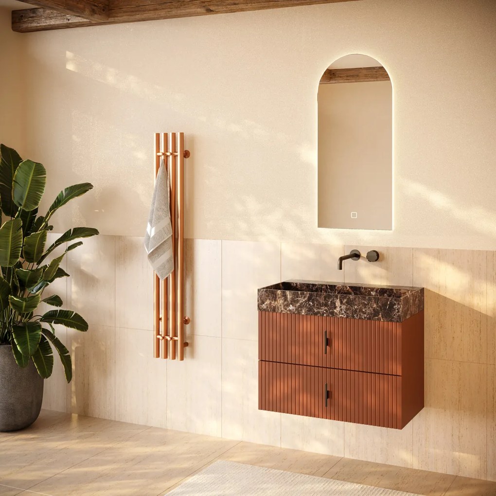 Muebles Murcia badmeubel ribbelfront 80cm terracotta met Dark Emperador wastafel zonder kraangat