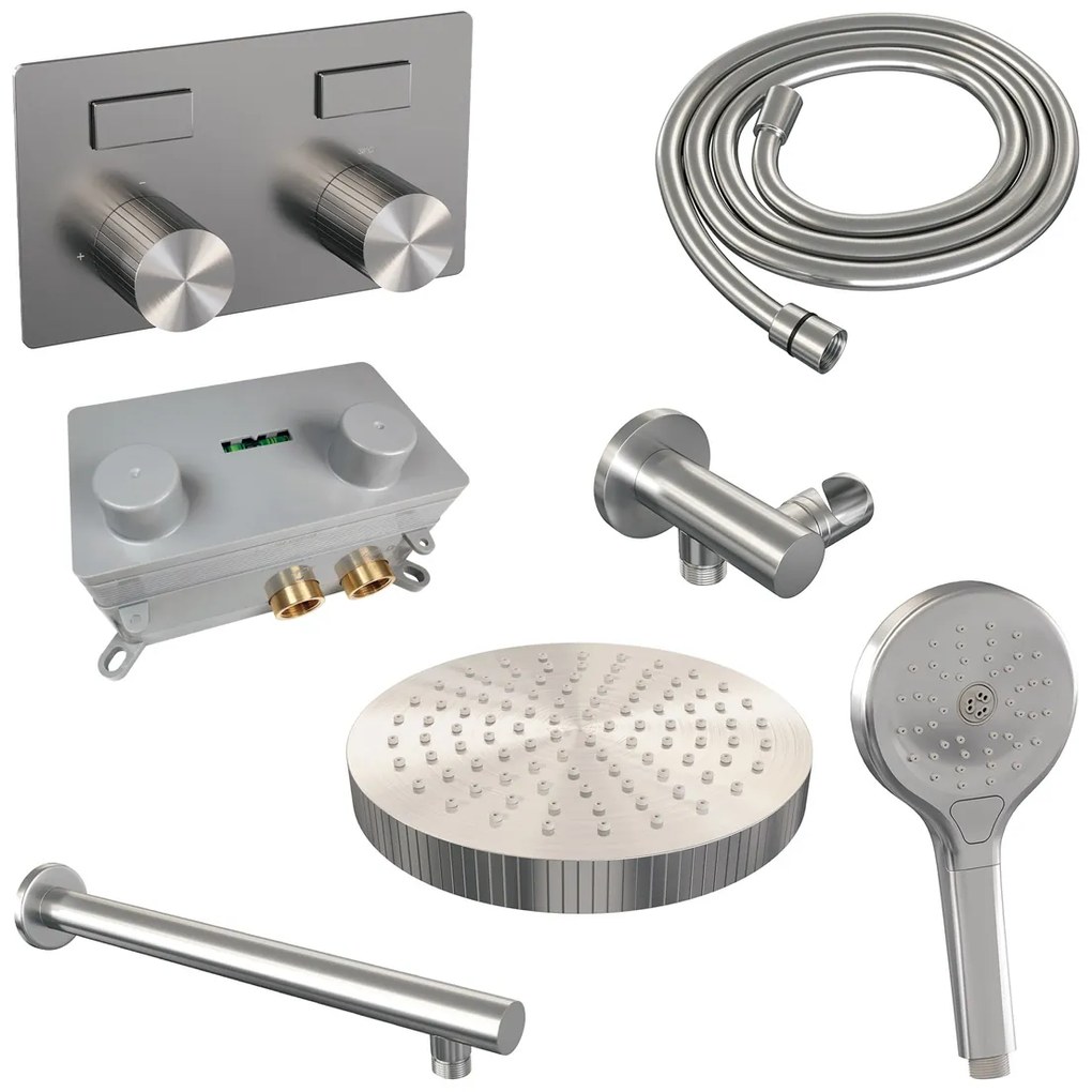 Brauer Stripe inbouw regendouche met 25cm hoofddouche, rechte muurarm en 3 standen handdouche set 28 RVS geborsteld PVD