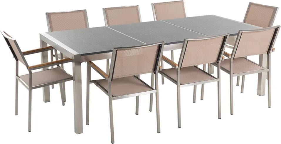 Tuinset gepolijst graniet/RVS grijs driedelig tafelblad 220 x 100 cm met 8 stoelen beige GROSSETO