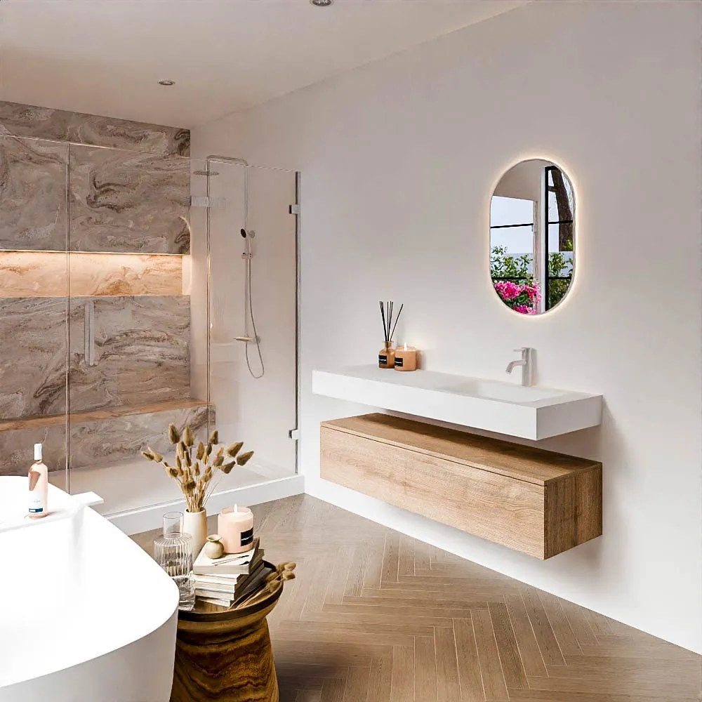 Zaro Alan badmeubel 140cm washed oak 1 lade met vrijhangende wastafel cloud rechts 1 kraangat talc