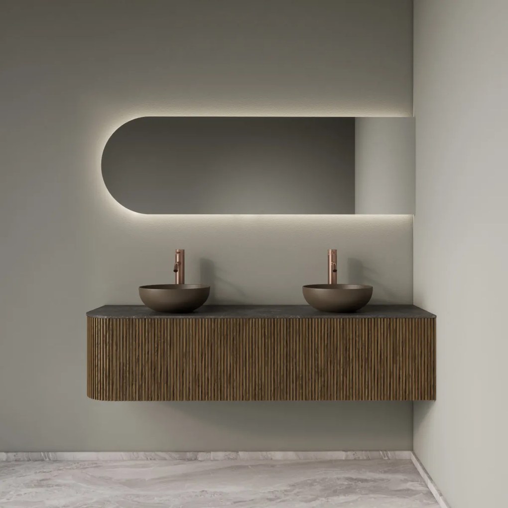 Gliss Design Alluro badmeubel ribbelfront met ronding links 160cm castle brown en zwart leisteen toppaneel