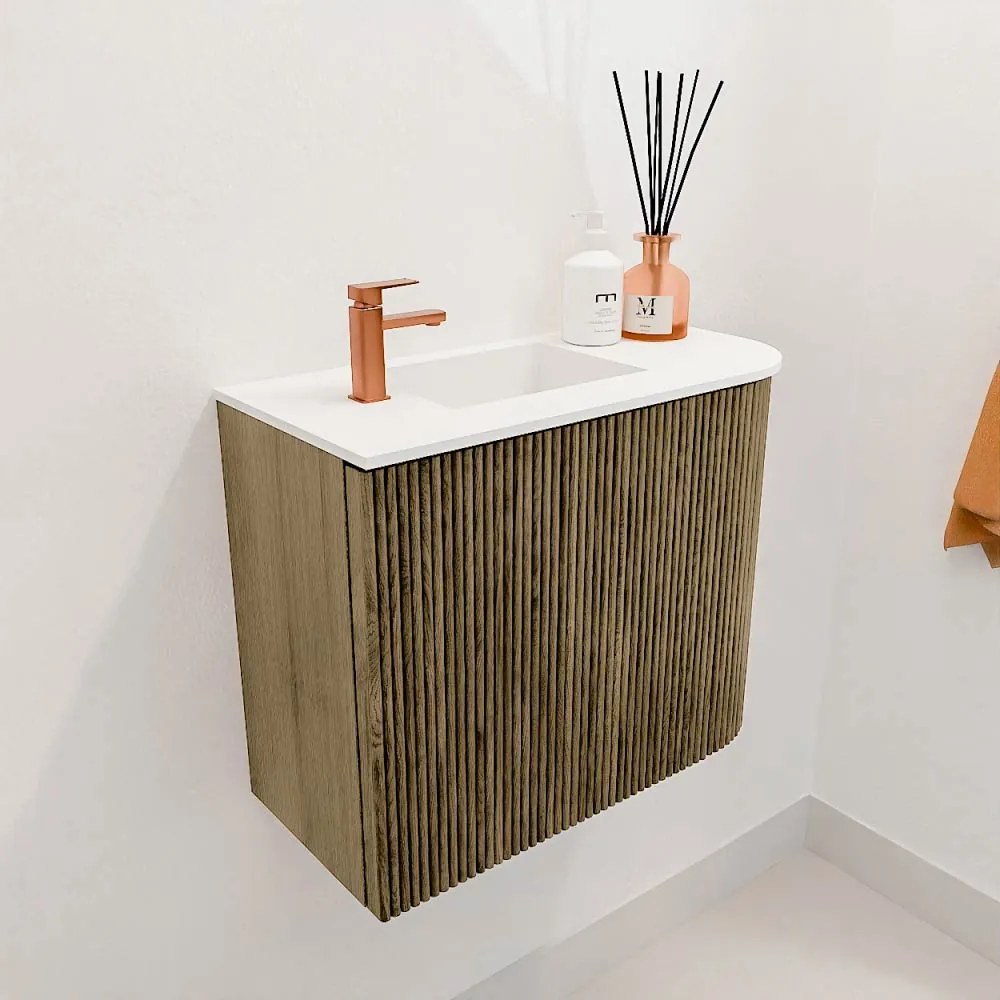 Mondiaz Joya 50cm toiletmeubel ronding rechts dusk met wastafel faye links 1 kraangat talc