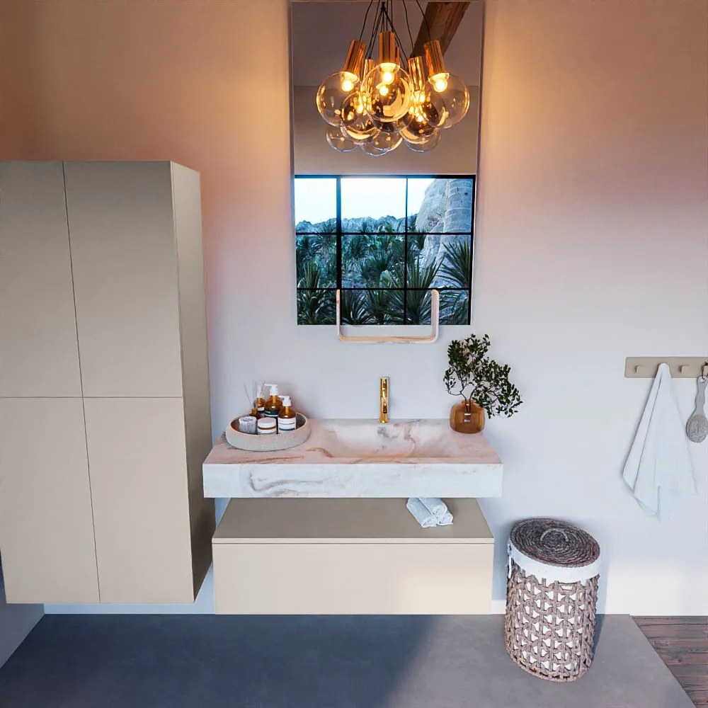 Mondiaz Alan DLux badmeubel 100cm linen 1 lade met wastafel frappe rechts 1 kraangat