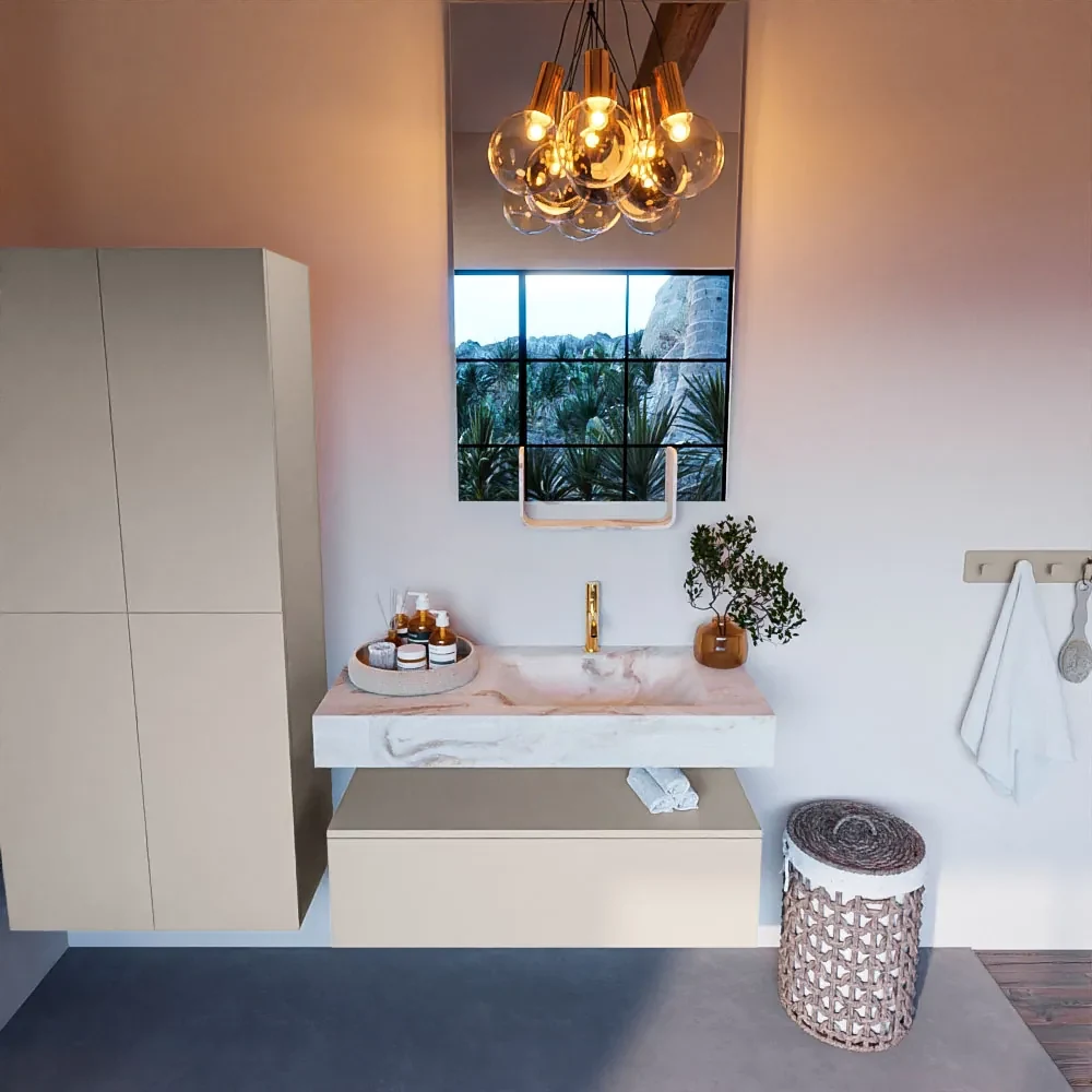 Mondiaz Alan DLux badmeubel 100cm linen 1 lade met wastafel frappe rechts 1 kraangat