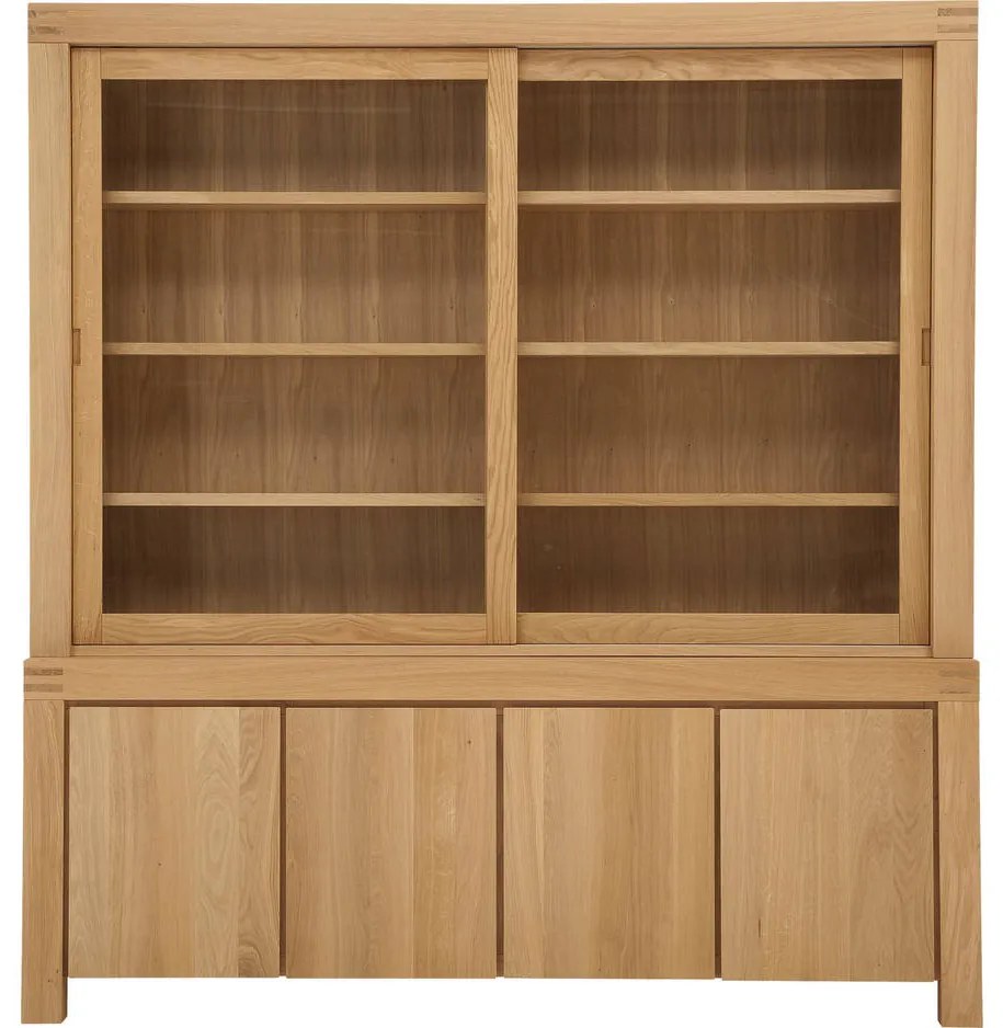 Goossens Buffetkast Clear, 2 glasdeuren boven, 4 dichte deuren onder, blank eiken, 210 x 225 x 45 cm, stijlvol landelijk