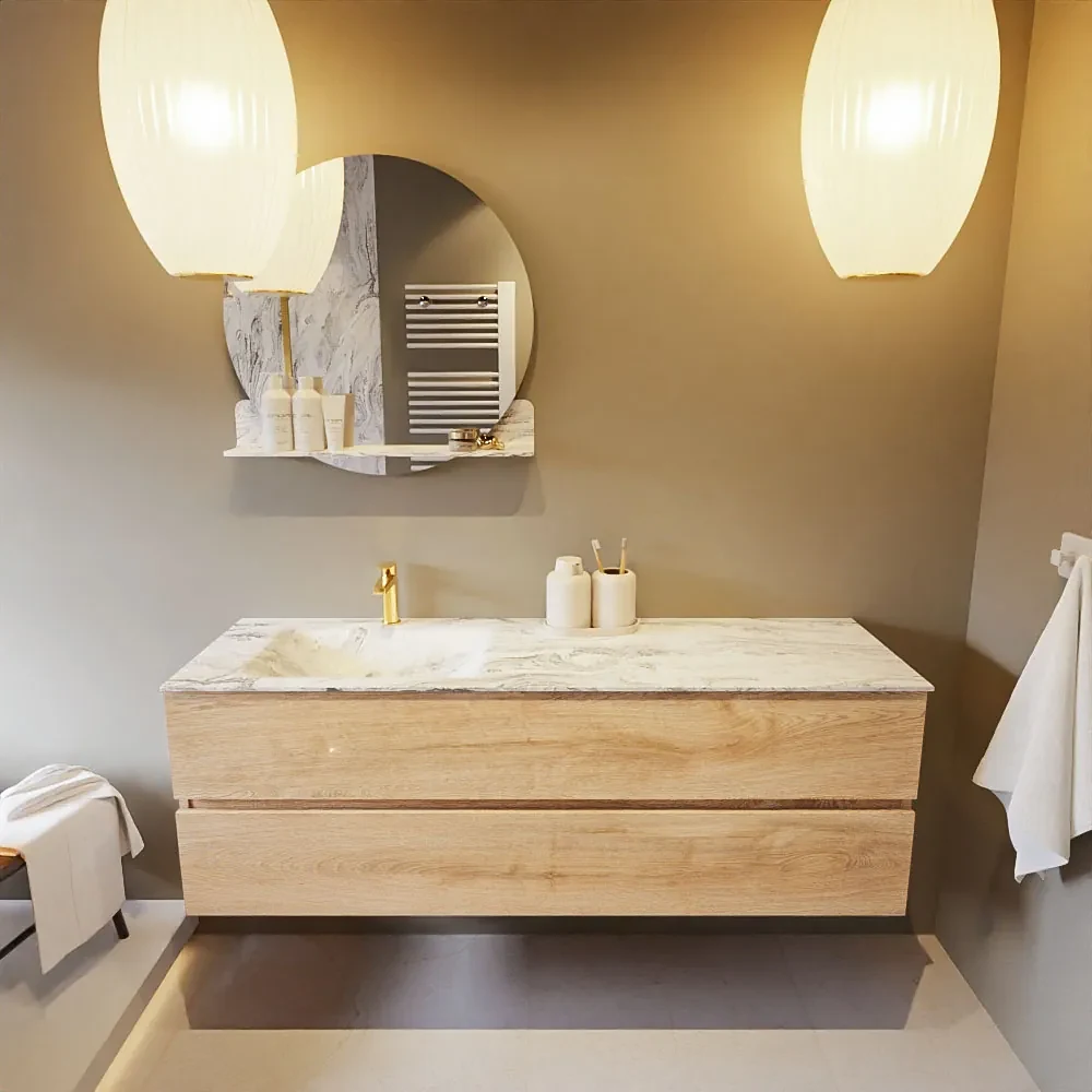 Mondiaz Vica DLux badmeubel 150cm washed oak 2 lades met wastafel glace links 1 kraangat