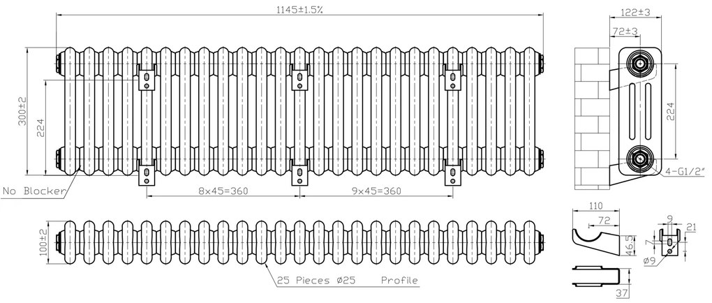 Eastbrook Imperia 3 koloms radiator 115x30cm 1278W wit glans