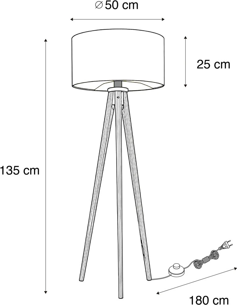 Vloerlamp walnoot hout tripod met bruin en beige gestreepte kap 50cm - Tripod Classic