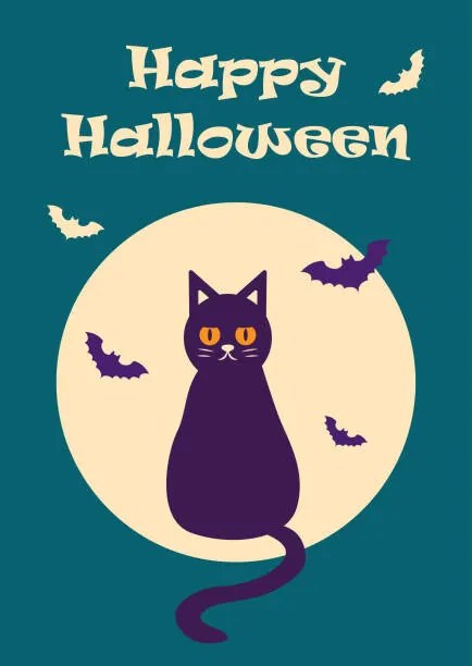 Ilustratie Happy Halloween postcard with a cat, Irina Nurtdinova