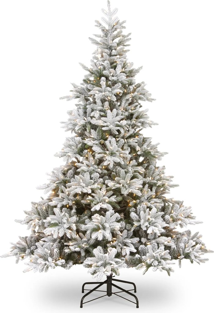 Andorra Flocked kunstkerstboom - 213 cm - groen - Diameter 149 cm - 2.329 tips - 400 ledlampjes - besneeuwd - metalen voet