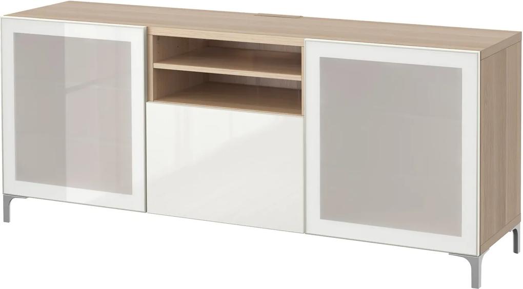 IKEA BESTÅ Tv-meubel met lades 180x40x74 cm Wit gelazuurd eikeneffect/selsviken hoogglans/wit frosted glas Wit gelazuurd eikeneffect/selsviken hoogglans/wit frosted glas - lKEA