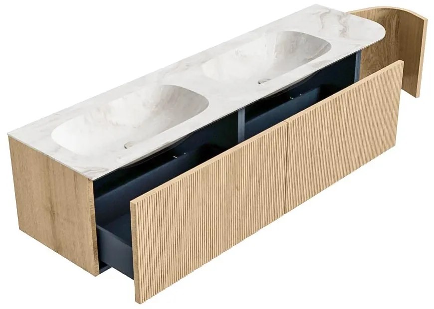 Mondiaz Kurve-dlux 175cm badmeubel ronding rechts oak met 2 lades en 1 deur en wastafel stor small dubbel/links zonder kraangat frappe