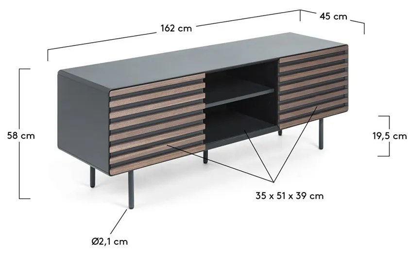 Kave Home Kesia Mat Grijs Tv-meubel Met Walnoot - 162x45x58cm.