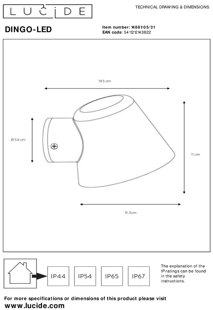 Lucide Dingo wandlamp 5W 15x10cm wit