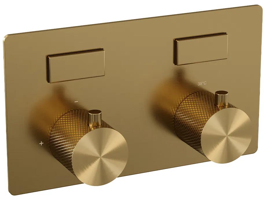 Brauer Gold Carving thermostatische inbouw badkraan met uitloop en staafhanddouche set 3 messing geborsteld PVD