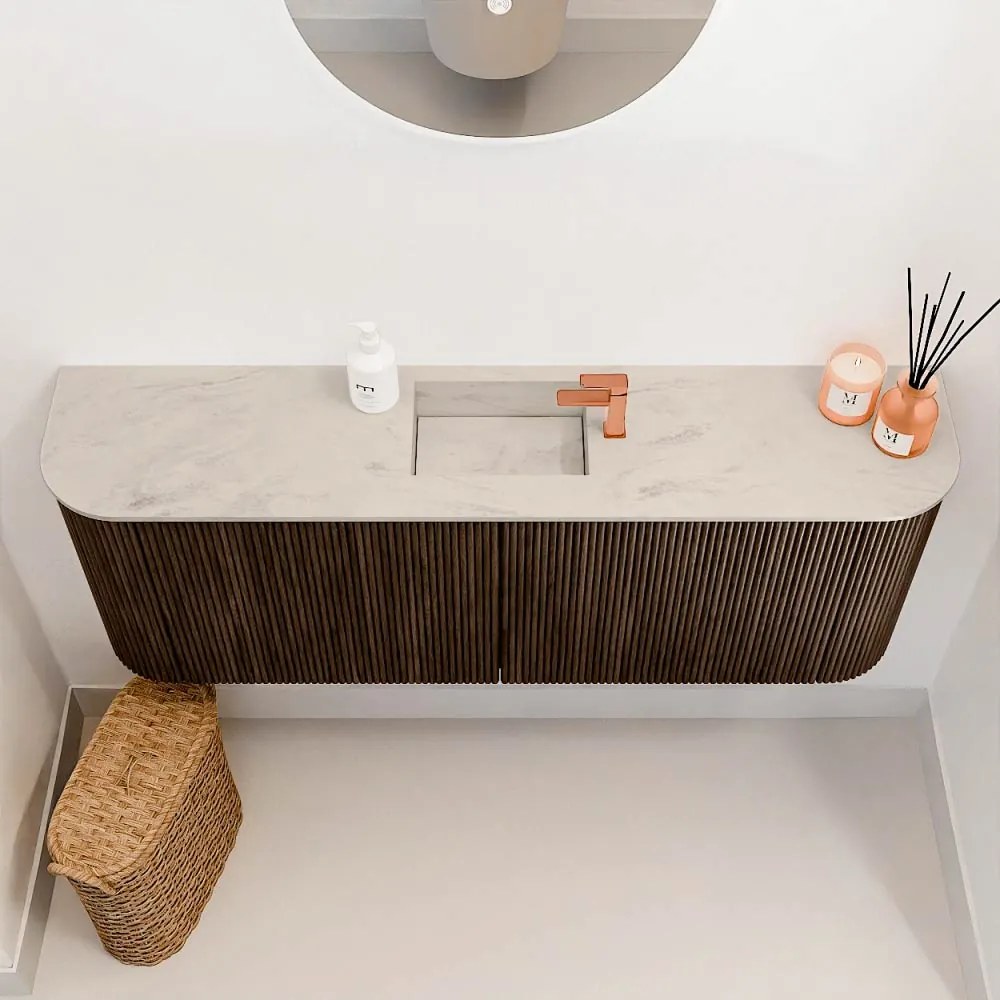 Mondiaz Joya DLux 115cm toiletmeubel ronding links/rechts walnut met wastafel faye midden 1 kraangat opalo