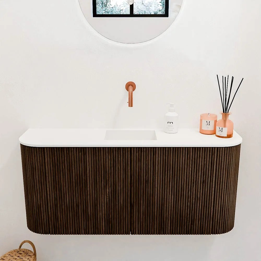 Mondiaz Joya 95cm toiletmeubel ronding links/rechts walnut met wastafel faye midden zonder kraangat talc