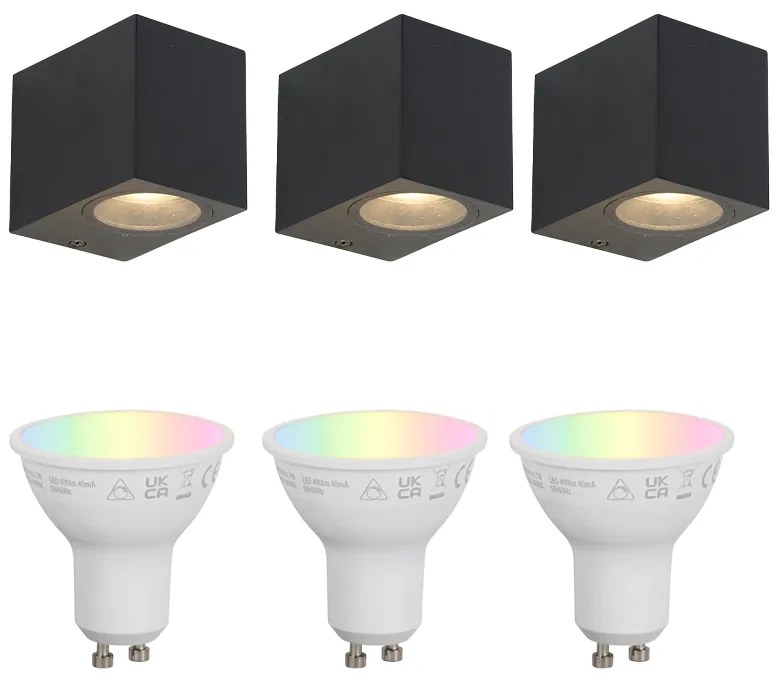 Buitenlamp Set van 3 smart wandlampen zwart GU10 50mm IP44 - Baleno Modern GU10 IP44 Buitenverlichting vierkant