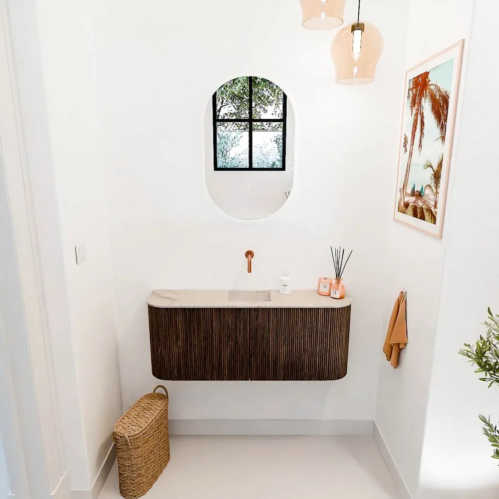 Mondiaz Joya DLux 105cm toiletmeubel ronding links/rechts walnut met wastafel faye midden zonder kraangat frappe