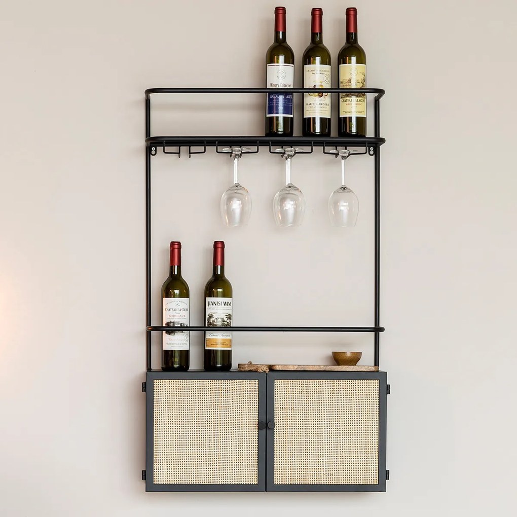 Muur Wijnrek Zwart Met Rotan - 60x18x100cm.