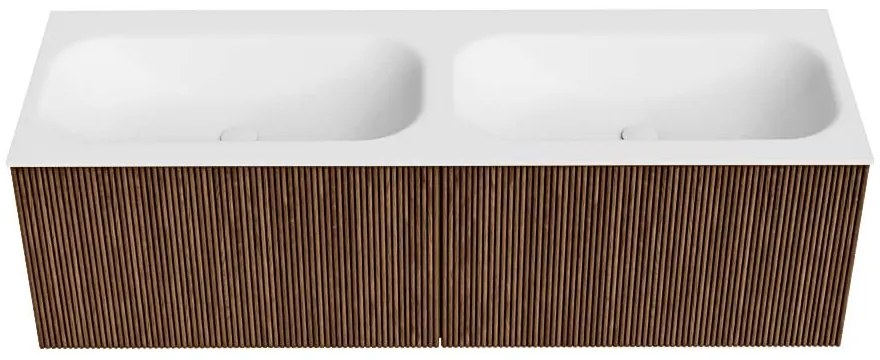 Mondiaz Kurve 140cm badmeubel walnut met 2 lades en wastafel big small dubbel 2 kraangaten