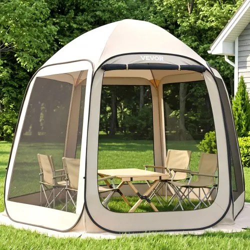 VEVOR pop-up tent, 304,8 x 280,4 cm, kampeertent voor 4-8 personen, partytent inclusief draagtas, gaaswanden en haringen, voor tuin, terras en buitenactiviteiten, beige