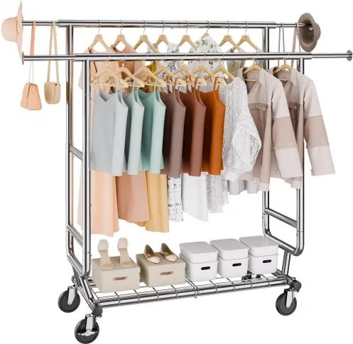 VEVOR Kledingrek op wielen met 2 kledingstangen, verstelbaar 1282-1914 mm / 1443-1867 mm (L/H), vrijstaand stalen kledingrek, draagvermogen 59 + 136 kg, extra sterk zilver