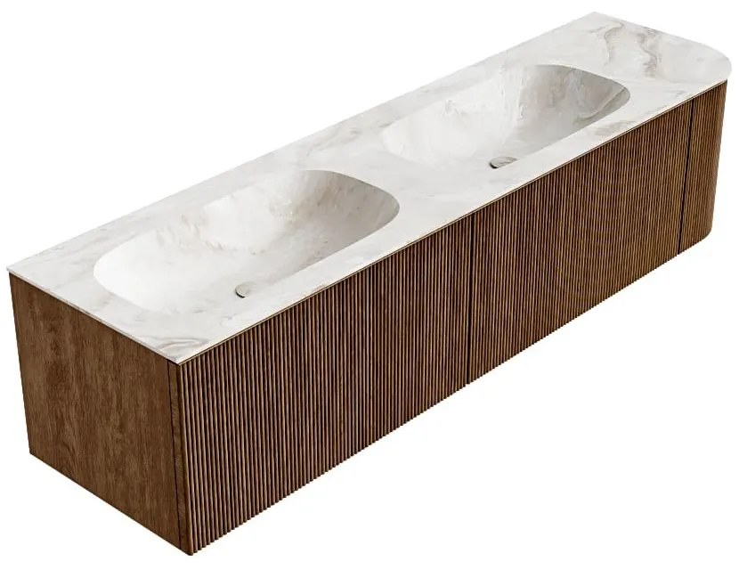 Mondiaz Kurve-dlux 175cm badmeubel ronding rechts walnut met 2 lades en 1 deur en wastafel stor small dubbel/links 2 kraangaten frappe