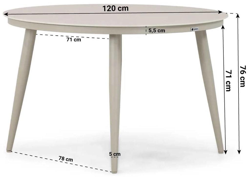 Tuinset Ronde Tuintafel 120 cm Aluminium/rope Taupe 4 personen Coco Antoni/Vienna