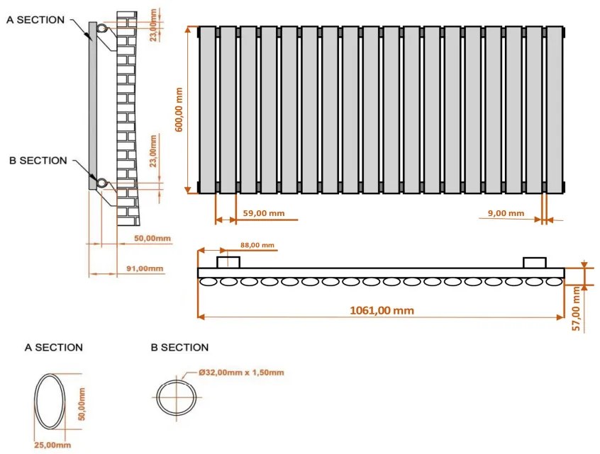 Eastbrook Tunstall radiator 105x60cm 1003W antraciet