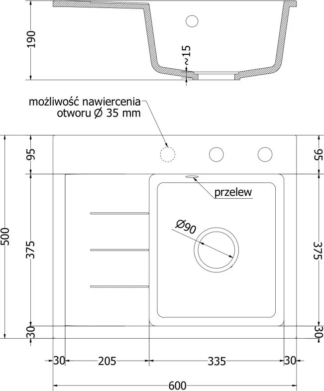 Mexen Ben granit gootsteen 1-kommer met afdruiprek, rechts 600 x 500 mm, beige, gouden sifon - 6523605000-69-G