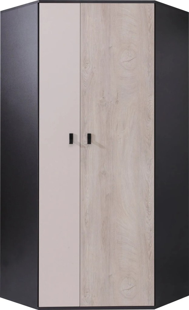 Hoekkledingkast Camteso 100, Eiken, Zwart, Beige, 190x90x90cm, 71 kg, Kledingkast deuren: Met scharnieren, Aantal planken: 5, Aantal planken: 5