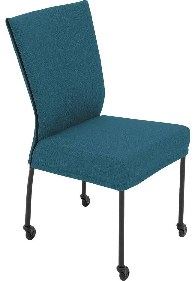 Goossens Eetkamerstoel Funk Zwarte Poten blauw stof leuning en Zwart skater wiel met zwarte kapmet wielen, modern design