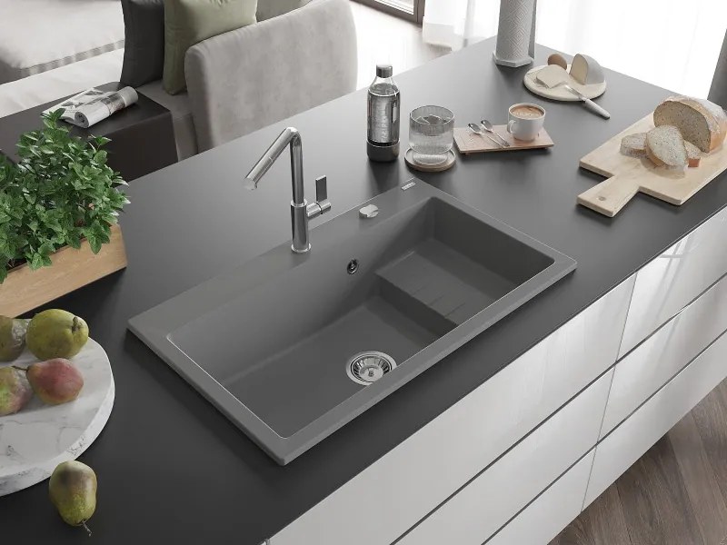 Mexen Omar granieten spoelbak 1-komers 800 x 480 mm, grijs, sifon chroom - 6520801005-71