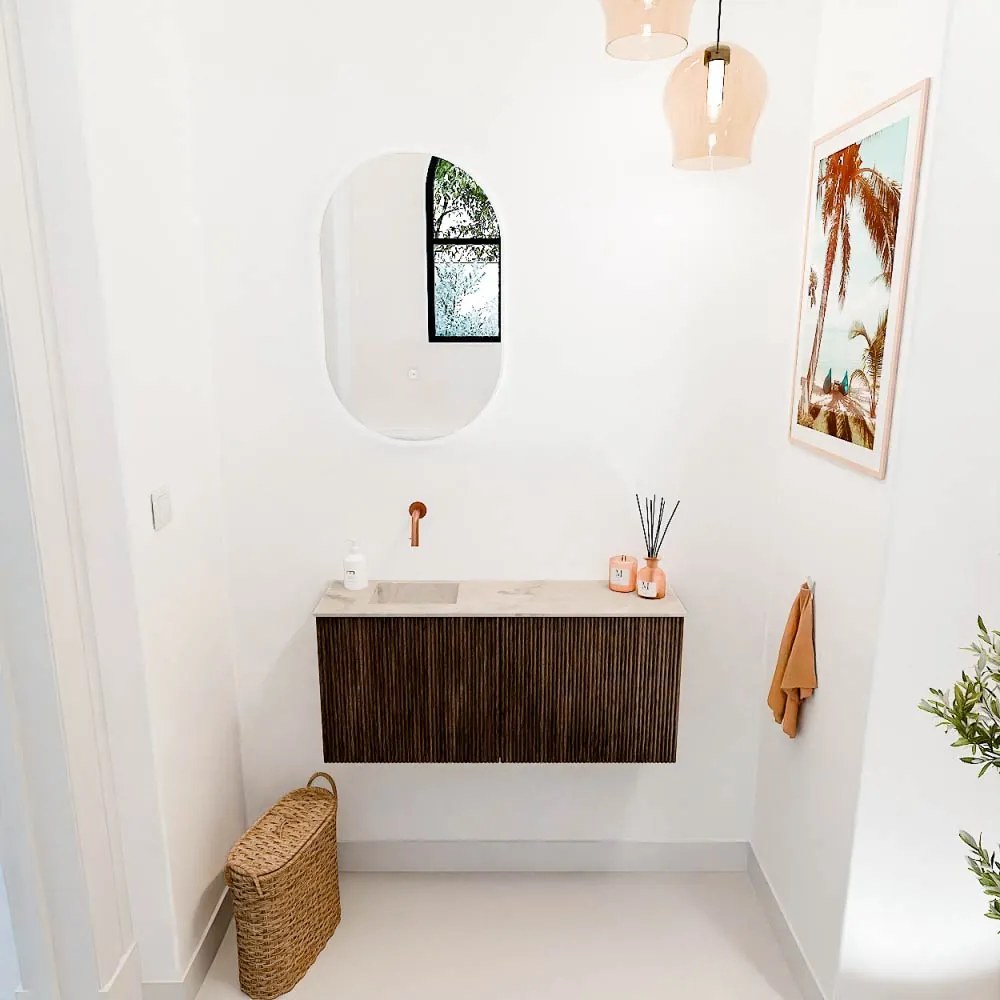 Mondiaz Joya DLux 90cm toiletmeubel walnut met wastafel faye links zonder kraangat frappe