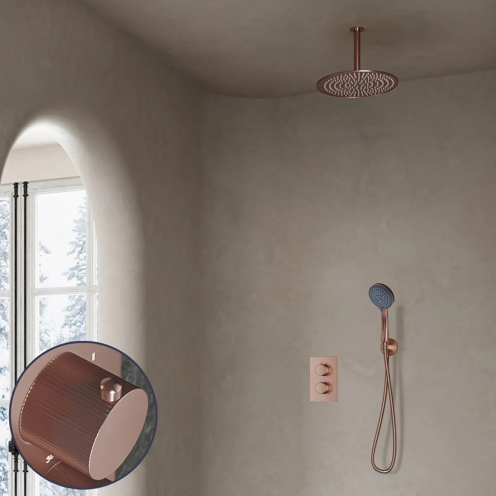 Saniclear Copper Stripes inbouw regendouche met 30cm hoofddouche, plafondarm en 3 standen handdouche geborsteld koper