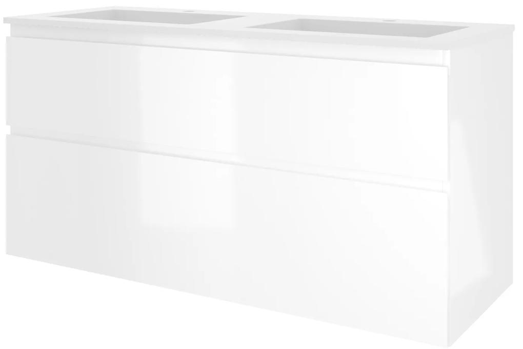 Elegant badmeubel met polystone wastafel met 2 kraangaten en onderkast a-symmetrisch - Glans wit/Mat wit - 120x46cm (bxd)