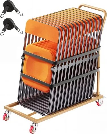 VEVOR opklapbare stoeltrolley voor 25 stoelen, verticale stoelstandaard, draagvermogen 136 kg, L-vormig, stoeltrolley voor opslag en transport op evenementen, koolstofstaal, zwenkwielen met remmen, met handvat, goudbruin