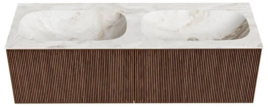 Mondiaz Kurve-dlux 140cm badmeubel walnut met 2 lades en wastafel stor small dubbel 2 kraangaten frappe