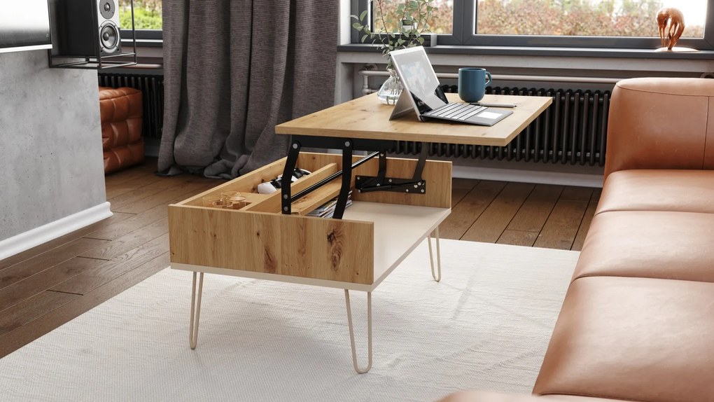 HAIRPIN S-90 Eik Artisan/Beige (Champagne) - MODERNE SALONTAFEL MET OPKLAPBAAR BLAD + OPBERGRUIMTE + PLANK