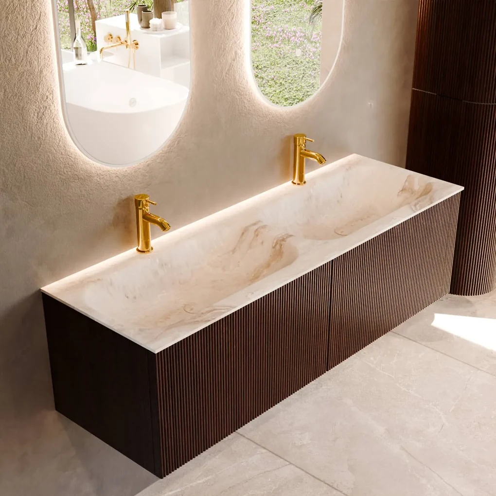 Mondiaz Kurve-dlux 140cm badmeubel ruby met 2 lades en wastafel stor small dubbel 2 kraangaten frappe