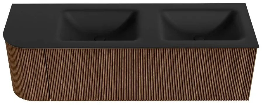 Mondiaz Kurve 145cm badmeubel ronding links walnut met 1 lade en deur en wastafel cloud dubbel/rechts 2 kraangaten urban