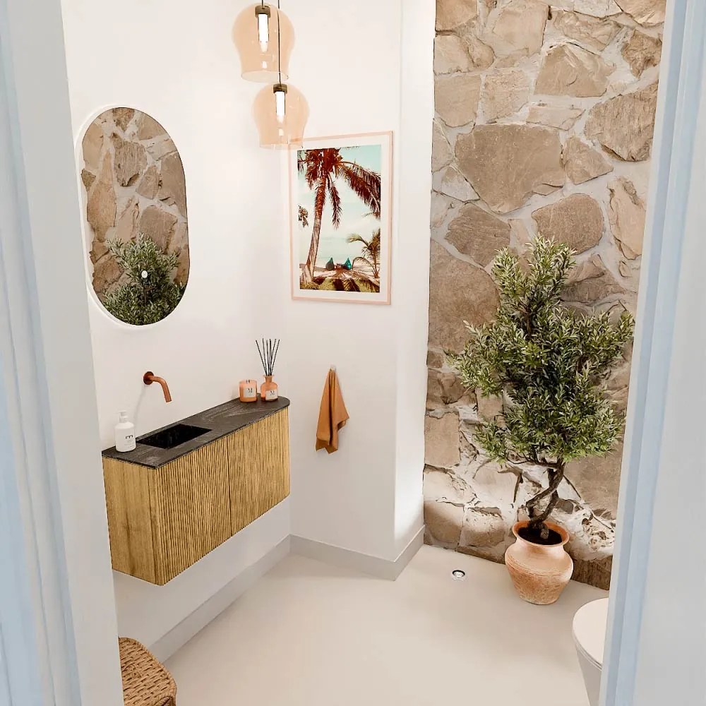 Mondiaz Joya DLux 80cm toiletmeubel ronding rechts oak met wastafel faye links zonder kraangat lava