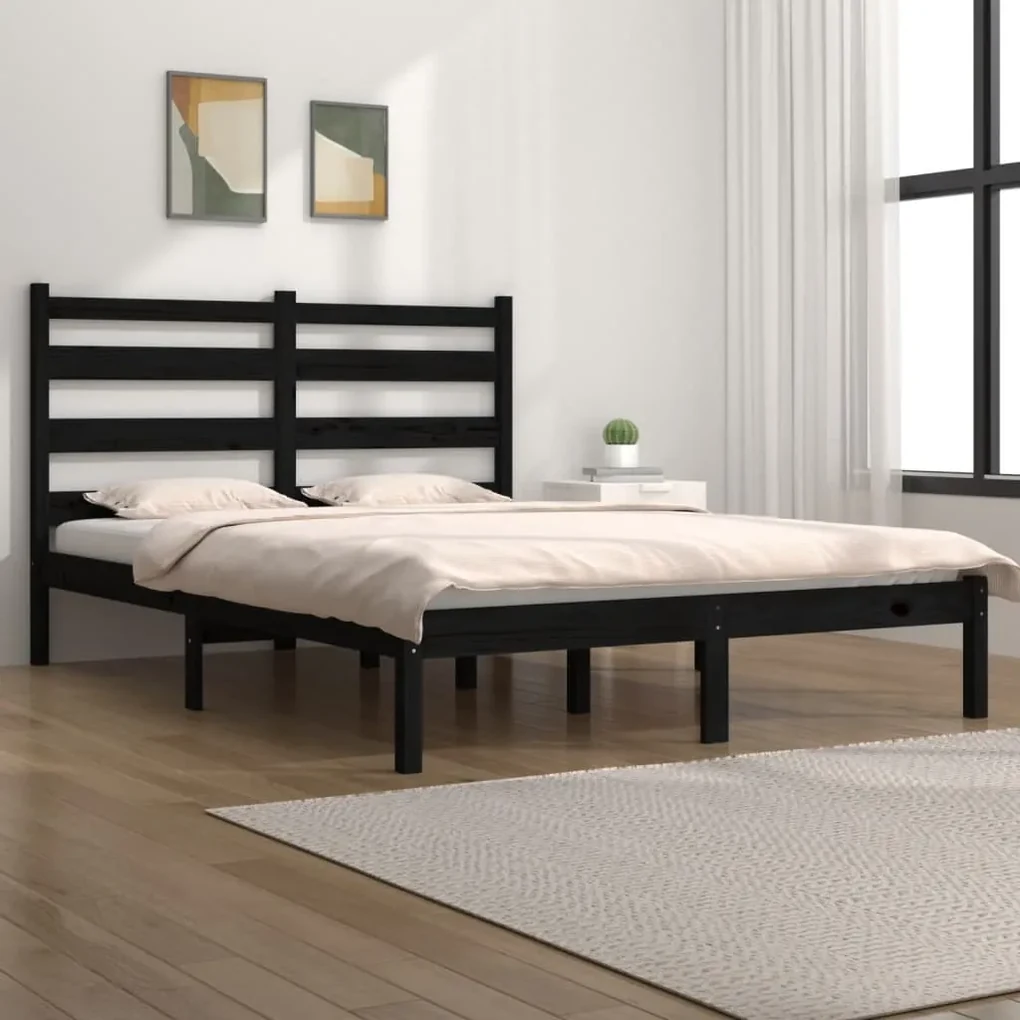 vidaXL Bedframe massief grenenhout zwart 135x190 cm 4FT6 Double