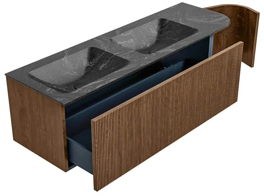 Mondiaz Kurve-dlux 145cm badmeubel ronding rechts walnut met 1 lade en deur en wastafel leaf dubbel/links zonder kraangat lava