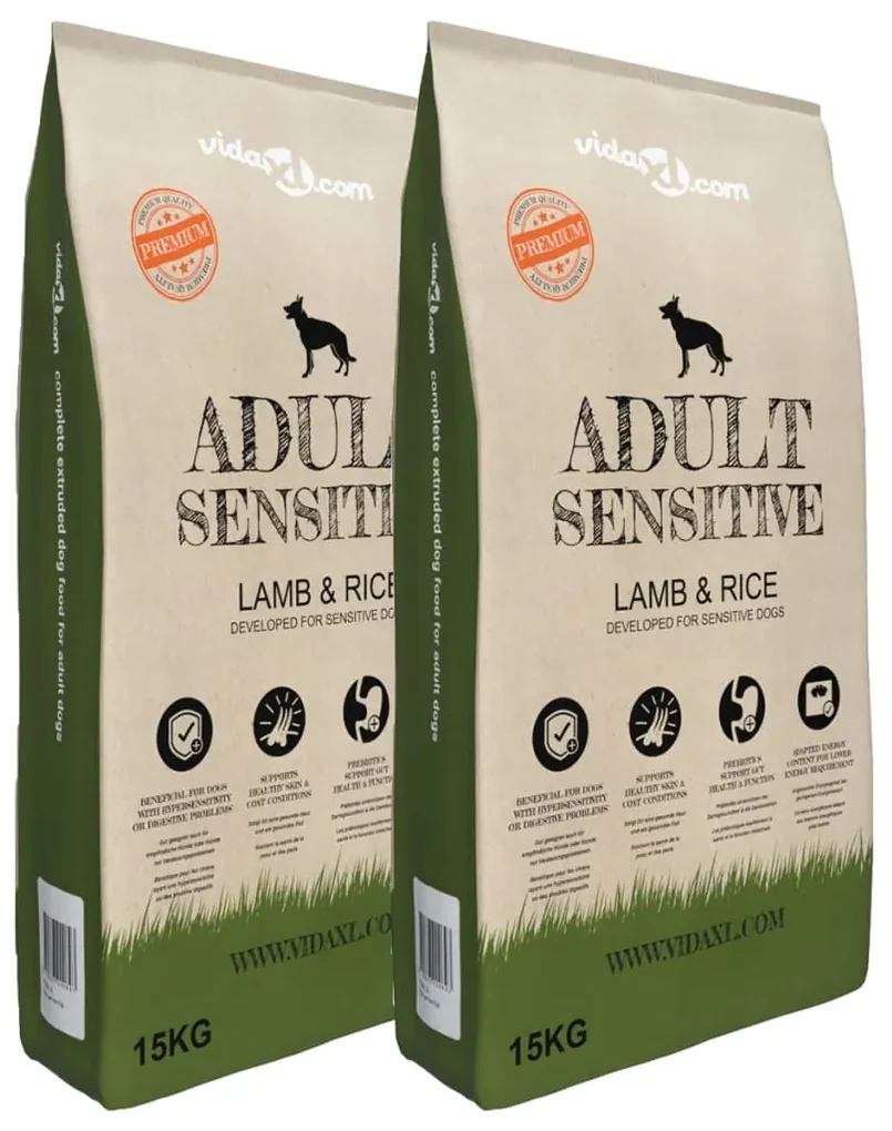 vidaXL Premium hondenvoer droog Adult Sensitive Lamb & Rice 30kg 2 st