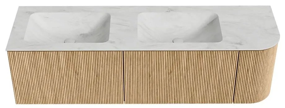 Mondiaz Kurve-dlux 155cm badmeubel ronding rechts oak met 2 lades en 1 deur en wastafel leaf dubbel/links 2 kraangaten opalo